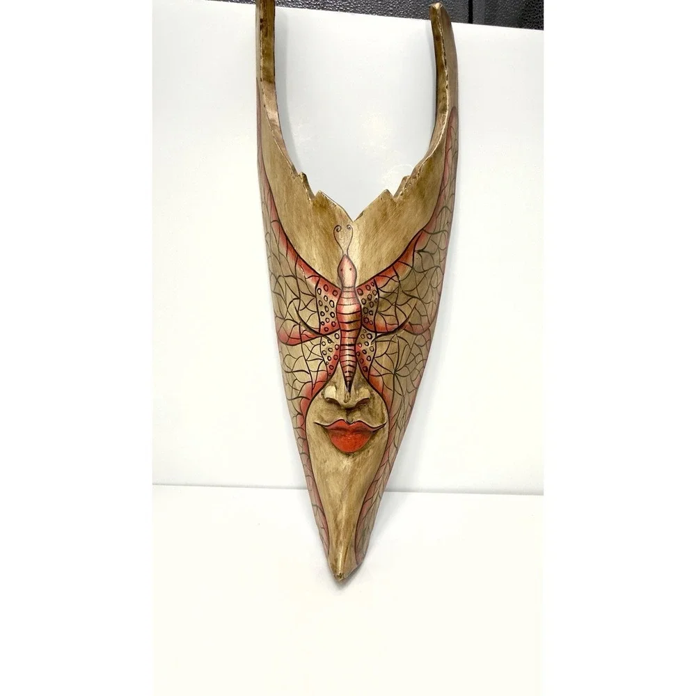 Bali Ethnic Wood Carved Tribal Mask Red Lip with Decorative Paint by Sejati 18
